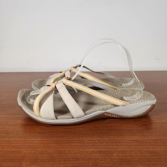 Merrell Sandals Womens Size 11 Camellia Yellow Beige Leather Slides J35594 FLAWS - Picture 1 of 15